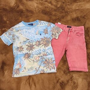 🐎 Polo Ralph Lauren, Boys (10), Tropical Island Scene Tshirt and denim Shorts